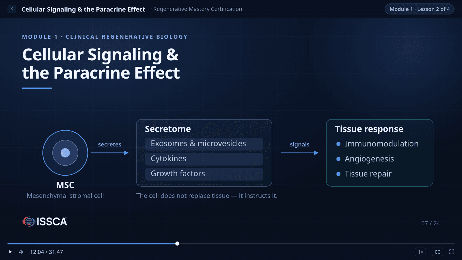 Lesson player showing the slide “Cellular Signaling & the Paracrine Effect” from Regenerative Mastery